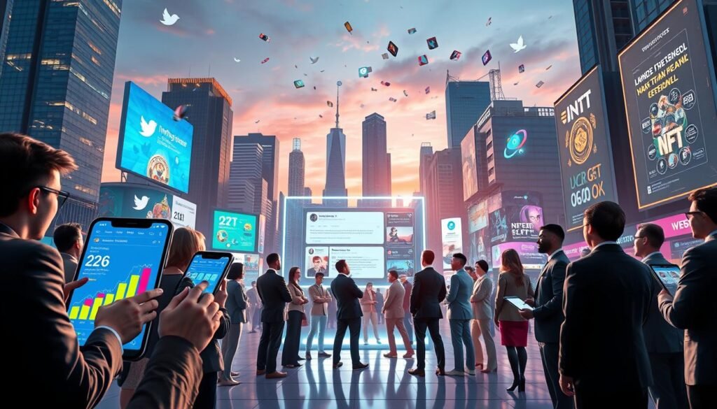 A vibrant and dynamic digital art scene showcasing futuristic Twitter trends related to NFTs in 2026. In the foreground, sleek smartphones and tablets display colorful graphs and NFT images, illuminated with a soft blue light. The middle ground features a diverse group of professionals dressed in smart business attire, engaged in animated discussions around a holographic display depicting trending NFT statistics and artworks. In the background, towering skyscrapers blend with high-tech digital billboards displaying NFT icons and social media notifications, under a twilight sky filled with floating digital elements. The atmosphere is energetic and innovative, capturing the essence of a thriving digital community. The overall lighting is bright yet warm, enhancing the sense of progress and collaboration in the NFT space.