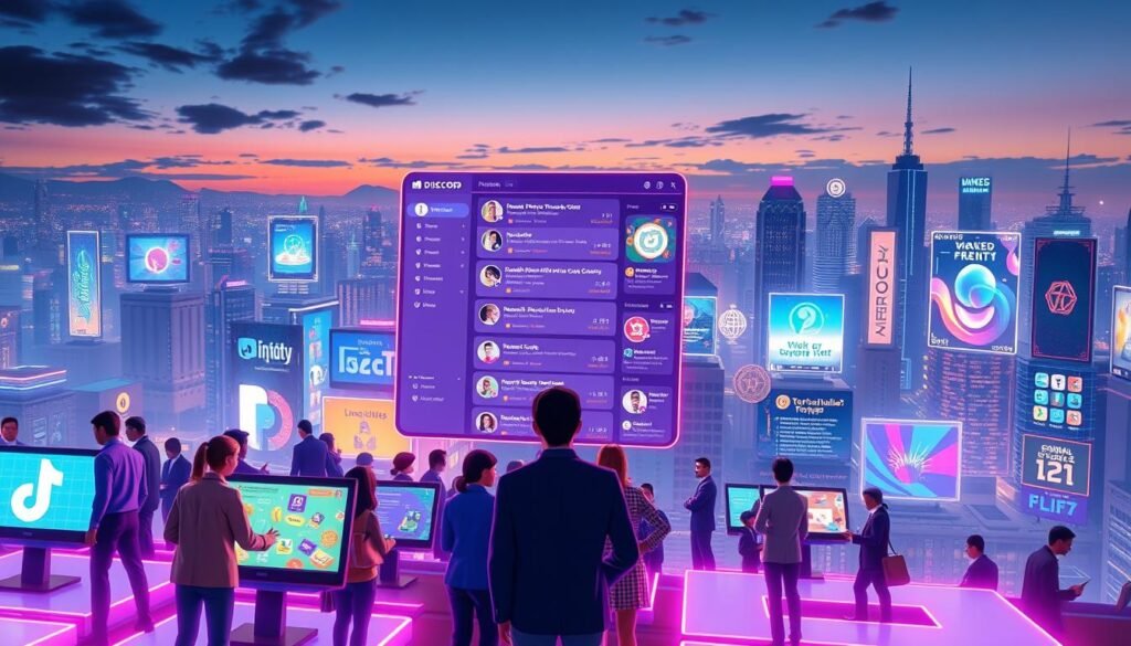 A vibrant and dynamic digital landscape showcasing an imaginative Discord server theme focused on NFTs. In the foreground, stylized avatars representing diverse community members in professional attire engage over digital displays glowing with colorful NFT artwork. The middle layer features a sleek, futuristic interface displaying various NFT collections and chat channels, illuminated by soft neon lighting. The background depicts a virtual skyline of a bustling digital city filled with holographic billboards promoting popular NFT projects, with a twilight sky casting a warm glow. The overall mood is collaborative and innovative, emphasizing the vibrant culture of NFT enthusiasts. The setting should be energetic yet professional, reflecting a thriving online community focused on NFTs for 2026.