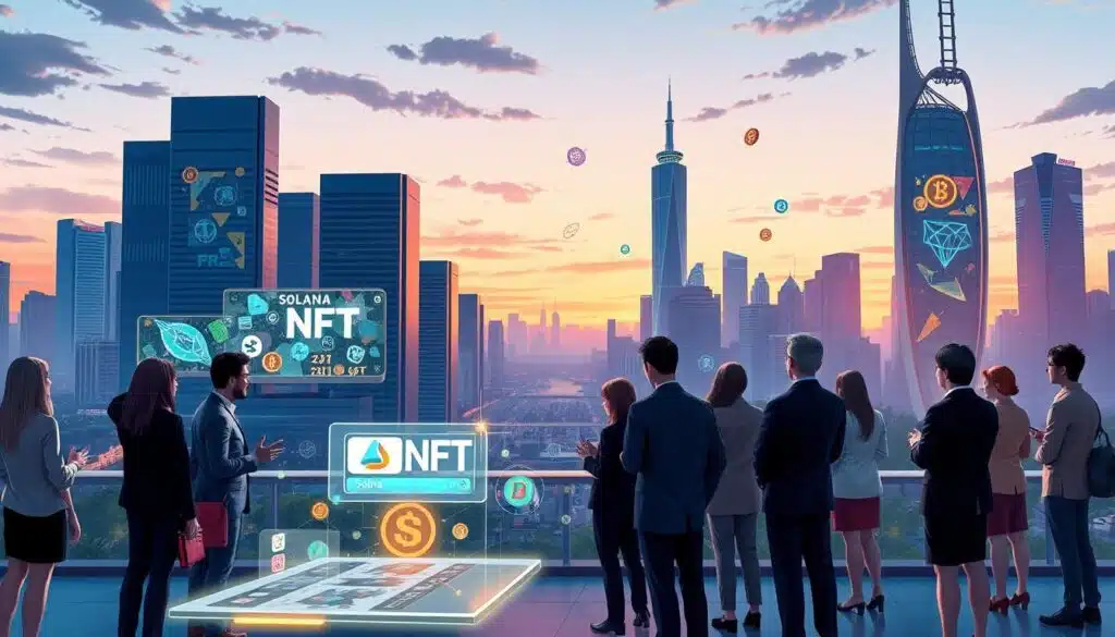 A vibrant and dynamic illustration of the Solana ecosystem, featuring a futuristic cityscape in the background with sleek skyscrapers and digital billboards showcasing NFT art. In the foreground, a diverse group of professionals in business attire interacts with holographic displays of Solana NFT projects, exchanging ideas and creative designs. The middle layer includes stylized visuals of blockchain concepts like interconnected nodes and vibrant tokens floating around, symbolizing innovation and community. The lighting is bright and energetic, creating a welcoming atmosphere, while a dusk sky adds depth to the scene. Capture the sense of collaboration and thriving creativity in this digital landscape, highlighting Solana’s role in the NFT space.
