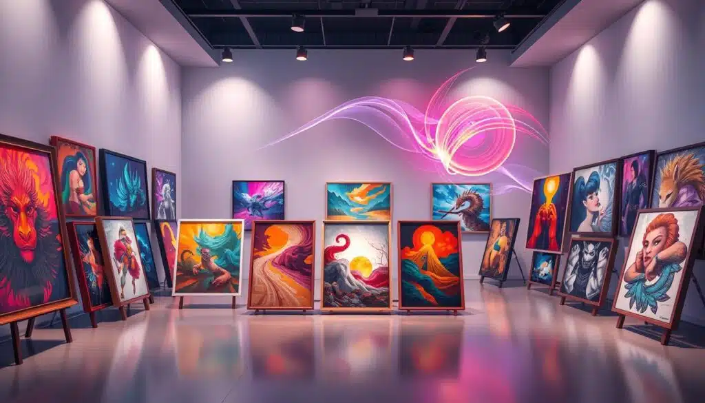 A vibrant and dynamic overview of NFT digital art, showcasing a blend of 1/1 art pieces and generative artworks. In the foreground, display a collection of colorful digital canvases, each uniquely framed, representing diverse artistic styles, with intricate details that catch the eye. The middle ground features a sleek, modern gallery space, illuminated by soft, ambient lighting that enhances the warmth of the digital pieces. In the background, abstract digital elements swirl and merge, symbolizing the innovative nature of NFTs, with a gradient of colors reflecting creativity and technology. The mood is optimistic and inspiring, encapsulating the essence of the NFT art movement. Use a slightly elevated angle to capture the entire scene, emphasizing the interplay between the art and the digital environment. A vibrant and dynamic overview of NFT digital art, showcasing a blend of 1/1 art pieces and generative artworks. In the foreground, display a collection of colorful digital canvases, each uniquely framed, representing diverse artistic styles, with intricate details that catch the eye. The middle ground features a sleek, modern gallery space, illuminated by soft, ambient lighting that enhances the warmth of the digital pieces. In the background, abstract digital elements swirl and merge, symbolizing the innovative nature of NFTs, with a gradient of colors reflecting creativity and technology. The mood is optimistic and inspiring, encapsulating the essence of the NFT art movement. Use a slightly elevated angle to capture the entire scene, emphasizing the interplay between the art and the digital environment.