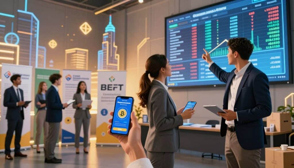 A vibrant and dynamic scene depicting the evolution of crypto donations, featuring a diverse group of individuals in professional business attire, engaged in various charitable activities. In the foreground, a businesswoman holds a smartphone displaying a digital wallet, while a businessman stands next to her, enthusiastically gesturing towards a large digital screen showcasing fluctuating cryptocurrency values. In the middle ground, a charity event is taking place, with various organizations represented by banners and logos. The background features futuristic cityscapes with blockchain-inspired designs, illuminated by warm, optimistic lighting. The atmosphere is one of collaboration and progress, symbolizing the growth of cryptocurrency in philanthropy. Use a slightly low-angle viewpoint to emphasize the importance and impact of the scene. A vibrant and dynamic scene depicting the evolution of crypto donations, featuring a diverse group of individuals in professional business attire, engaged in various charitable activities. In the foreground, a businesswoman holds a smartphone displaying a digital wallet, while a businessman stands next to her, enthusiastically gesturing towards a large digital screen showcasing fluctuating cryptocurrency values. In the middle ground, a charity event is taking place, with various organizations represented by banners and logos. The background features futuristic cityscapes with blockchain-inspired designs, illuminated by warm, optimistic lighting. The atmosphere is one of collaboration and progress, symbolizing the growth of cryptocurrency in philanthropy. Use a slightly low-angle viewpoint to emphasize the importance and impact of the scene.