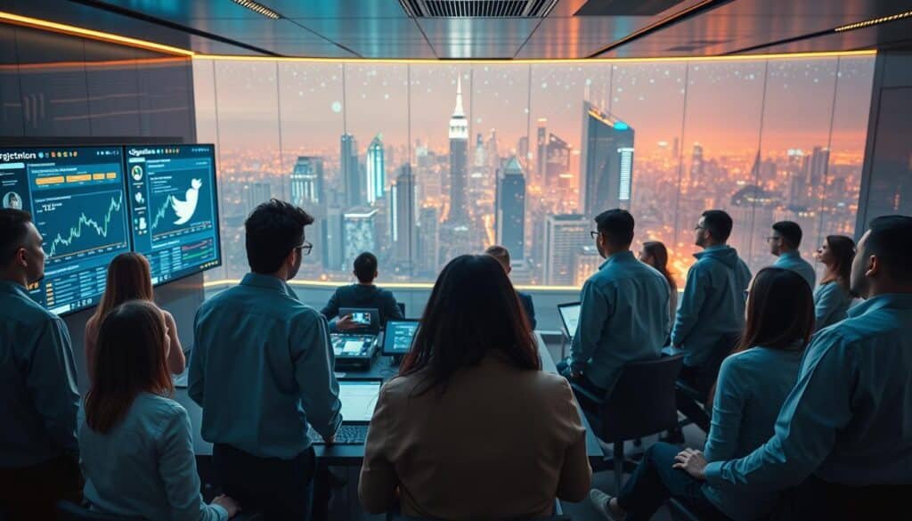 A vibrant and dynamic visualization of the crypto Twitter landscape in 2026, featuring a bustling digital boardroom filled with diverse professionals discussing NFTs and cryptocurrencies. In the foreground, a diverse group of individuals wearing smart casual clothing analyze digital charts and graphs displayed on sleek screens. The middle ground shows an array of interconnected digital nodes and social media icons, symbolizing the vast network of Crypto Twitter interactions. The background is filled with a futuristic city skyline, illuminated by neon lights, representing innovation and technology. Soft, ambient lighting creates an engaging atmosphere, while a wide-angle perspective captures the essence of collaboration and insight within the crypto community. The overall mood is energetic and forward-looking, inspiring a sense of possibility in the digital landscape.
