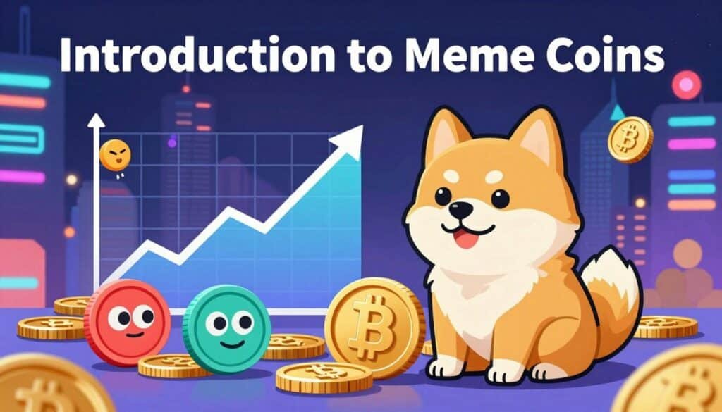 A vibrant and engaging illustration of "Introduction to Meme Coins," focusing on a dynamic visual representation of the cryptocurrency world. In the foreground, a stylized, cartoonish dogecoin mascot sits confidently alongside colorful, whimsical coins with various meme-inspired designs, reflecting the playful nature of meme coins. The middle ground features a simplified graph showing rising trends in value, with arrows and playful icons around it. In the background, a digital cityscape glows with neon lights, symbolizing the cryptocurrency market's vibrancy. Bright, cheerful lighting illuminates the scene, creating a lively atmosphere. Use a wide-angle lens to capture the depth and energy of the scene, emphasizing the contrast between the humor of meme culture and the seriousness of investment.