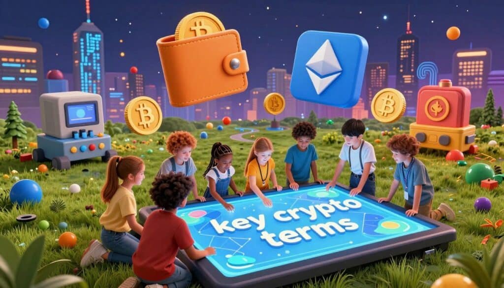 A vibrant and engaging representation of "key crypto terms" for kids and teens, depicting a colorful landscape made of digital nodes and cryptocurrency symbols, such as Bitcoin, Ethereum, and blockchain graphics. In the foreground, a diverse group of children and teens, wearing casual yet smart clothing, are collaborating around a large interactive touchscreen displaying the terms in playful fonts. The middle ground features floating 3D icons of wallets, coins, and mining rigs, while the background is a futuristic city skyline with glowing lights and circuit patterns. The atmosphere is energetic and educational, illuminated by soft, warm lighting that fosters curiosity and creativity, with a slight tilt-down angle to emphasize the interaction between the kids and the digital elements.