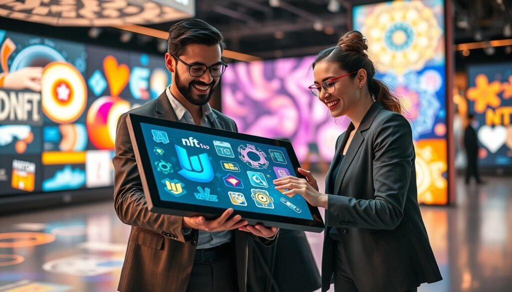 A vibrant and engaging scene showcasing the collaborative spirit of NFT artists. In the foreground, two diverse digital artists, one male and one female, are discussing their artwork on a large touchscreen tablet displaying colorful NFT designs. They are dressed in professional, modern business attire, with bright expressions reflecting creativity and enthusiasm. In the middle ground, a dynamic gallery space filled with high-resolution digital screens showcasing various NFT art pieces creates a rich visual tapestry. The background features abstract digital art motifs blending with warm light installations, enhancing the innovative atmosphere. The lighting is bright and inviting, creating an energetic yet professional mood, with a slight bokeh effect to emphasize the artists at work. The overall composition highlights the importance of collaboration in the NFT space without any distractions or text elements.