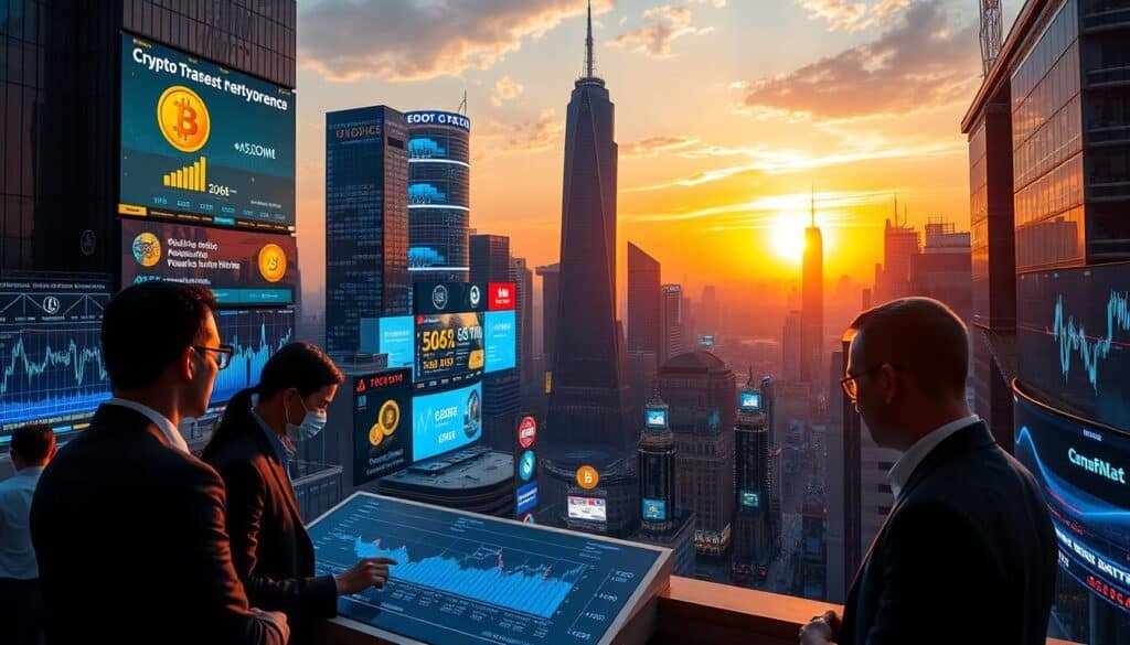 A vibrant and futuristic cityscape in 2026, depicting a bustling crypto market environment. In the foreground, professionals in smart business attire are engaging with advanced digital interfaces displaying bright, fluctuating cryptocurrency graphs and charts. The middle ground features iconic skyscrapers adorned with digital billboards showcasing various cryptocurrencies, reflecting the dynamic nature of the market. In the background, a sunset casts a warm glow over the skyline, creating a hopeful and optimistic atmosphere. The scene is illuminated by neon lights, underlining the innovation and potential of the crypto landscape. Use a wide-angle lens to capture the expansive view, ensuring the image conveys energy, progress, and the excitement of the evolving financial world.