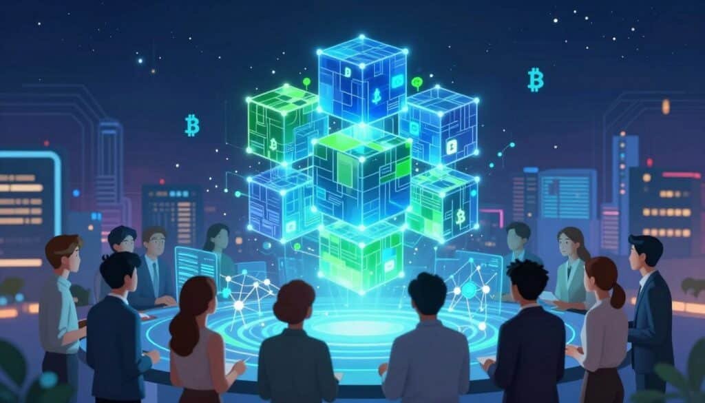 A vibrant and futuristic illustration of blockchain technology, featuring a central 3D representation of interconnected digital blocks, glowing with luminescent blue and green lights. In the foreground, a diverse group of young individuals, dressed in professional attire, are engaged in a discussion, pointing at a holographic display of the blockchain network. The middle ground showcases a city skyline with modern architecture, subtly illuminated by digital overlays of cryptocurrency symbols and graphs. In the background, a starry night sky blends with a circuit-patterned horizon, creating a sense of limitless possibilities. Soft, ambient lighting enhances the optimistic and imaginative atmosphere, with a focus on innovation and technology, captured from a slightly low angle to emphasize the scale of the digital landscape.