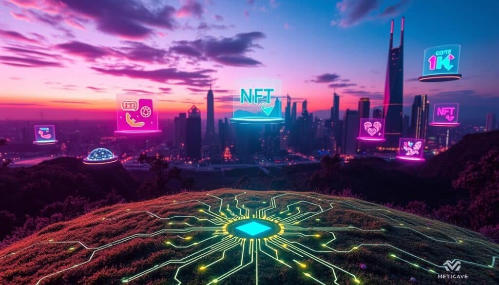 A vibrant and immersive digital landscape representing virtual land and NFTs within the Metaverse. In the foreground, showcase a lush, green plot of land with intricate, glowing circuit patterns symbolizing digital ownership. In the middle ground, present beautifully designed NFT artworks floating above this land, each piece radiating colorful holographic light. The background features a futuristic city skyline with sleek skyscrapers and floating digital platforms under a twilight sky, casting a blend of purples and blues. The scene is illuminated with soft, ambient lighting, creating a magical and inviting atmosphere, suggesting a realm of endless possibilities. Capture this from a slightly elevated angle to provide depth, inviting viewers into this engaging virtual world.