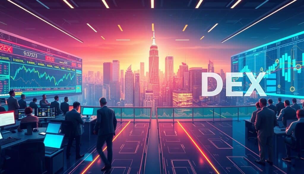 A vibrant and informative illustration of the dynamics between centralized exchanges (CEX) and decentralized exchanges (DEX) in the cryptocurrency market. In the foreground, depict a split scene: on one side, a digital trading floor bustling with professionals in business attire analyzing price charts and order books, exuding a sense of organized chaos. On the other side, a serene digital landscape representing DEX, with visual elements like smart contracts and blockchain nodes, showcasing a more fluid structure. In the middle, overlay subtle graphs and candlestick charts that transition from the CEX environment to the DEX side, symbolizing the flow of trade and data. The background features a futuristic city skyline bathed in soft neon lighting, creating an atmosphere of innovation and high-tech finance. Aim for a balanced composition using a wide-angle perspective to capture the contrast between the two trading environments. A vibrant and informative illustration of the dynamics between centralized exchanges (CEX) and decentralized exchanges (DEX) in the cryptocurrency market. In the foreground, depict a split scene: on one side, a digital trading floor bustling with professionals in business attire analyzing price charts and order books, exuding a sense of organized chaos. On the other side, a serene digital landscape representing DEX, with visual elements like smart contracts and blockchain nodes, showcasing a more fluid structure. In the middle, overlay subtle graphs and candlestick charts that transition from the CEX environment to the DEX side, symbolizing the flow of trade and data. The background features a futuristic city skyline bathed in soft neon lighting, creating an atmosphere of innovation and high-tech finance. Aim for a balanced composition using a wide-angle perspective to capture the contrast between the two trading environments.