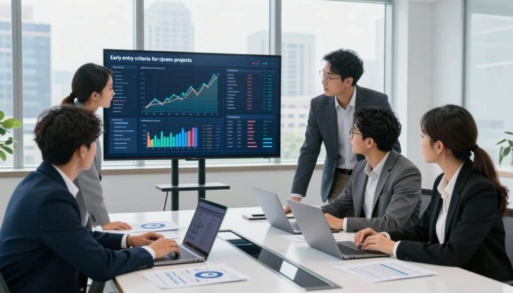 A vibrant and informative scene illustrating the concept of defining early entry criteria for crypto projects. In the foreground, a diverse group of four professionals, dressed in business attire, collaboratively analyzing data on a sleek digital screen displaying graphs and metrics related to cryptocurrency trends. In the middle, a large, modern conference table covered with laptops, charts, and crypto project documents, reflecting an atmosphere of teamwork and innovation. In the background, large windows reveal a city skyline, with bright natural light flooding the space, giving a sense of optimism and forward-thinking. The overall mood should convey excitement and foresight, emphasizing a productive brainstorming session about crypto opportunities.
