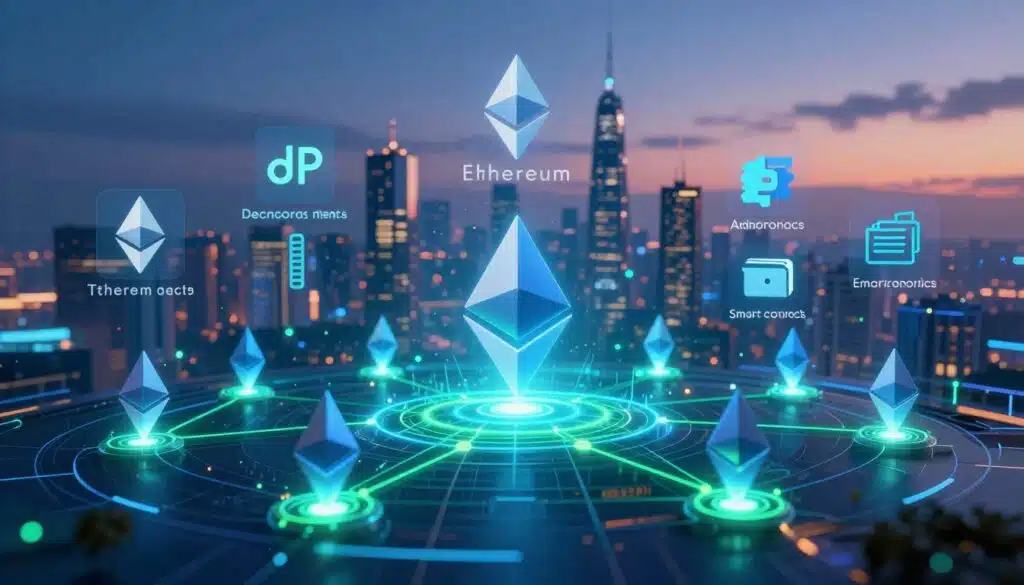 A vibrant and intricate visualization of the Ethereum blockchain technology ecosystem. In the foreground, depict interconnected nodes symbolizing Ethereum transactions, glowing with neon blues and greens to represent data flow. The middle layer showcases various key components, such as decentralized applications (dApps), smart contracts, and wallets, illustrated as modern icons within a sleek digital landscape. In the background, a subtle skyline of futuristic city buildings represents innovation and technology, illuminated under a twilight sky. The lighting should be dynamic, with accentuated contrasts to convey a sense of energy and progress. The overall atmosphere should feel optimistic and forward-thinking, inviting viewers to explore the possibilities within the Ethereum ecosystem.