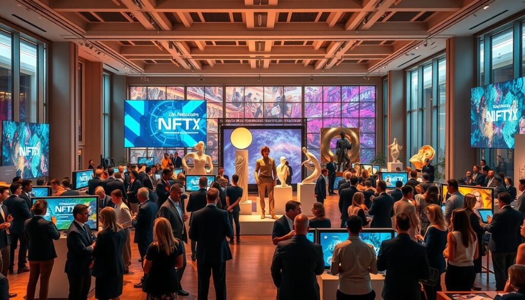 A vibrant charity landscape depicting an NFT auction event, set in a spacious art gallery with high ceilings and sleek, modern design. In the foreground, a diverse group of artists in professional business attire interact with guests, showcasing their digital artworks on high-tech screens. The middle ground features large, colorful digital displays of NFTs, surrounded by elegant sculptures and interactive art installations. In the background, large windows flood the room with natural light, illuminating the atmosphere. The lighting is warm and inviting, reflecting a sense of goodwill and creativity. The scene conveys a lively atmosphere, infused with a sense of purpose and community, highlighting the intersection of art, technology, and philanthropy. A vibrant charity landscape depicting an NFT auction event, set in a spacious art gallery with high ceilings and sleek, modern design. In the foreground, a diverse group of artists in professional business attire interact with guests, showcasing their digital artworks on high-tech screens. The middle ground features large, colorful digital displays of NFTs, surrounded by elegant sculptures and interactive art installations. In the background, large windows flood the room with natural light, illuminating the atmosphere. The lighting is warm and inviting, reflecting a sense of goodwill and creativity. The scene conveys a lively atmosphere, infused with a sense of purpose and community, highlighting the intersection of art, technology, and philanthropy.