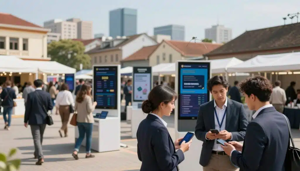 A vibrant crypto landscape in a developing economy, showcasing a bustling marketplace with modern technology. In the foreground, a diverse group of professionals in business attire are engaging in discussions, examining smartphones displaying cryptocurrency apps. The middle ground features kiosks with digital screens displaying cryptocurrency prices and advertisements for blockchain services. In the background, a skyline of mixed-use buildings blends traditional architecture with modern structures, under a clear, sunny sky. Soft, natural lighting enhances the scene, casting gentle shadows. The mood is optimistic and dynamic, reflecting the potential of cryptocurrencies to transform economies. Use a slight tilt-shift lens effect to emphasize the interaction in the foreground while softly blurring the background. A vibrant crypto landscape in a developing economy, showcasing a bustling marketplace with modern technology. In the foreground, a diverse group of professionals in business attire are engaging in discussions, examining smartphones displaying cryptocurrency apps. The middle ground features kiosks with digital screens displaying cryptocurrency prices and advertisements for blockchain services. In the background, a skyline of mixed-use buildings blends traditional architecture with modern structures, under a clear, sunny sky. Soft, natural lighting enhances the scene, casting gentle shadows. The mood is optimistic and dynamic, reflecting the potential of cryptocurrencies to transform economies. Use a slight tilt-shift lens effect to emphasize the interaction in the foreground while softly blurring the background.