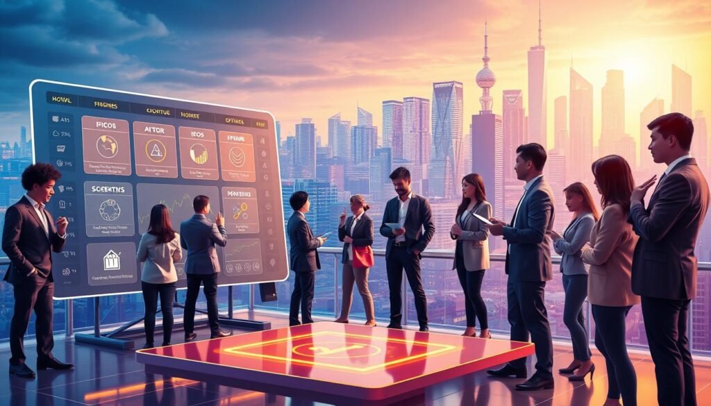 A vibrant, detailed depiction of a modern token launchpad ecosystem. In the foreground, visualize a sleek digital platform interface showcasing ICOs, IDOs, and IEOs with highlighted icons and diagrams representing each model. The middle ground features diverse, professional individuals in business attire analyzing data on digital devices, engaging in discussions, and exchanging ideas, reflecting collaboration and innovation. The background includes a stylized, futuristic cityscape, symbolizing growth and technology, illuminated with soft, ambient lighting that suggests a hopeful and dynamic atmosphere. The image should capture a sense of excitement and potential in the world of cryptocurrency, with a focus on professionalism and forward-thinking.