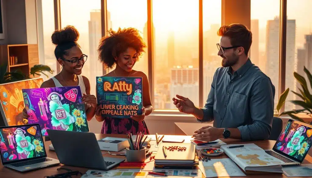 A vibrant digital art scene depicting a diverse group of NFT artists collaborating in a modern, stylish workspace. In the foreground, two artists, a Black woman and a Caucasian man, engage in a lively discussion while examining colorful digital screens displaying their NFT designs. The middle ground features a table strewn with laptops, art supplies, and vibrant sketches, illustrating the creative process. In the background, a large window reveals a bustling cityscape bathed in warm, golden sunlight, enhancing the atmosphere of innovation and creativity. The lighting is bright and cheerful, accentuating the artists' enthusiasm. The mood is collaborative and inspiring, inviting viewers to understand the vibrant world of NFT collaborations without any text or clutter.