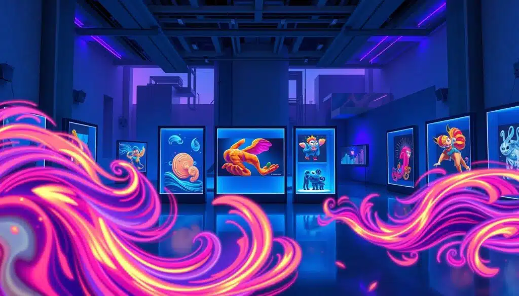 A vibrant digital art scene depicting animated NFTs in a futuristic gallery setting. In the foreground, colorful, dynamic NFT artworks come to life with swirling patterns and glowing effects that capture the eye. The middle ground features sleek digital frames displaying various animated pieces, each showcasing unique animations like flowing liquids, morphing shapes, and whimsical characters. The background presents a modern gallery with abstract architecture, softly illuminated by ambient blue and purple lighting, creating a mysterious yet inviting atmosphere. The scene is captured from a slightly elevated angle, offering a panoramic view of the gallery, emphasizing the exhilarating world of animated NFT art. The overall mood conveys innovation, creativity, and the exciting potential of digital art. A vibrant digital art scene depicting animated NFTs in a futuristic gallery setting. In the foreground, colorful, dynamic NFT artworks come to life with swirling patterns and glowing effects that capture the eye. The middle ground features sleek digital frames displaying various animated pieces, each showcasing unique animations like flowing liquids, morphing shapes, and whimsical characters. The background presents a modern gallery with abstract architecture, softly illuminated by ambient blue and purple lighting, creating a mysterious yet inviting atmosphere. The scene is captured from a slightly elevated angle, offering a panoramic view of the gallery, emphasizing the exhilarating world of animated NFT art. The overall mood conveys innovation, creativity, and the exciting potential of digital art.