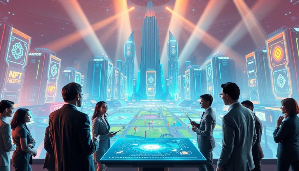 A vibrant digital landscape depicting a futuristic NFT gaming guild. In the foreground, a diverse group of professionals in business attire is engaged in a lively discussion about gaming strategies, with a holographic interface showcasing various NFT assets. The middle ground features an expansive gaming arena with animated avatars and colorful virtual environments, representing different games. The background is filled with dynamic digital structures resembling futuristic skyscrapers adorned with NFT motifs. Soft, ambient lighting illuminates the scene, creating a welcoming atmosphere, while beams of light highlight the discussions taking place. The perspective is slightly angled upward, emphasizing the grandeur of the gaming guild environment, evoking a sense of innovation and community in the world of NFT gaming.