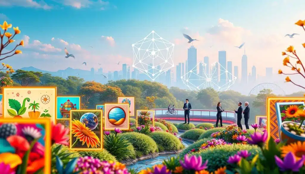 A vibrant digital landscape showcasing the Cardano NFT ecosystem in full bloom. In the foreground, feature a variety of unique NFTs as colorful digital art displays, representing themes like nature, technology, and creativity, each framed by glowing edges. In the middle ground, depict a serene virtual marketplace with stylized avatars in professional attire engaging in transactions, showcasing collaboration and innovation. The background should illustrate the iconic Cardano logo intertwined with abstract blockchain structures, resembling a futuristic city skyline. Use soft, ambient lighting to create a welcoming atmosphere, and incorporate dynamic elements like floating data streams and virtual interactions. The perspective should be slightly elevated, capturing the expansive and vibrant nature of the NFT ecosystem on Cardano.