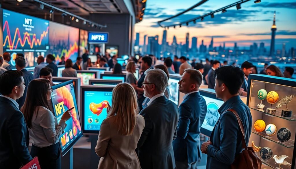 A vibrant digital marketplace bustling with activity, showcasing a variety of NFTs displayed like art pieces in a modern gallery. In the foreground, a diverse group of business professionals in professional attire are discussing NFTs, pointing at colorful digital screens that show rising price graphs and trending artworks. The middle ground features sleek digital displays showcasing unique NFTs, illuminated by soft, ambient lighting that highlights their intricate designs. In the background, a futuristic city skyline glows under twilight, symbolizing growth and innovation in the digital asset space. The mood is optimistic and dynamic, with a focus on collaboration and the excitement of emerging technology. The angle captures the busy atmosphere of the marketplace, emphasizing growth and engagement.