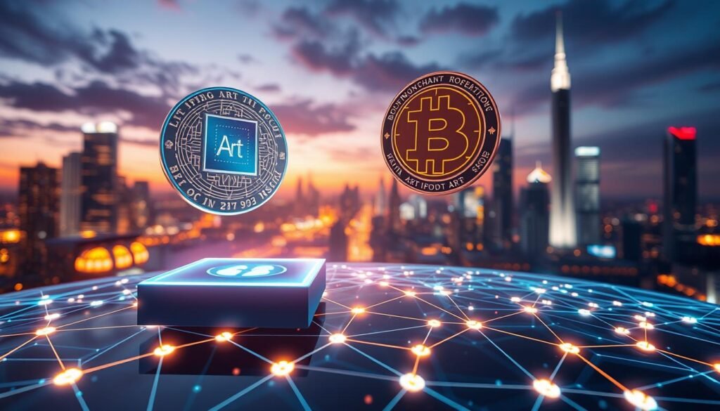 A vibrant digital representation of blockchain technology in the art world. In the foreground, intricately designed tokens symbolizing digital art pieces float above a sleek, holographic display, showcasing their unique properties. In the middle ground, a network of interconnected nodes and chains pulsates with glowing lines, representing data flow and security. The background features a futuristic city skyline at dusk, with dynamic lighting casting a glow that highlights the importance of innovation in art. Use a wide-angle lens effect to capture depth, and emphasize a professional atmosphere, conveying excitement and potential in the fusion of technology and creativity. The overall mood is optimistic, communicating the transformative impact of tokenization on the art community.