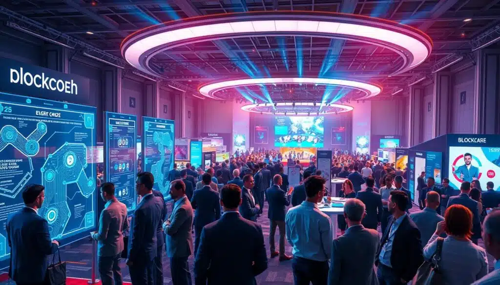 A vibrant digital scene depicting a futuristic blockchain conference in 2026. In the foreground, diverse professionals in smart business attire are engaged in discussions around large holographic displays showing blockchain networks and event schedules. In the middle, a spacious convention hall filled with booths showcasing innovative blockchain projects, surrounded by banners and digital screens. The background features a large, illuminated stage with speakers presenting to an audience, bathed in dynamic lighting that shifts from cool blues to warm ambers, creating an energetic atmosphere. The perspective is slightly elevated, giving a comprehensive view of the bustling event. Emphasize a sense of collaboration, innovation, and excitement surrounding blockchain technology.