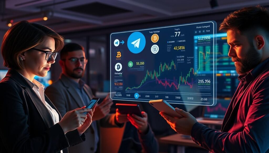 A vibrant digital scene illustrating a diverse group of professional traders engaged in crypto discussions within a virtual Telegram group setting. The foreground features three individuals in smart casual attire—a woman with short hair and glasses, a man with a beard, and another person with a tablet—actively analyzing market charts on their smartphones and laptops. In the middle ground, a holographic display of cryptocurrency symbols and market trends captures their focus. The background showcases a modern office environment with dim, ambient lighting, complemented by glowing screens that reflect the excitement of trading. The overall mood is dynamic and collaborative, highlighting the importance of Telegram in the crypto community. A vibrant digital scene illustrating a diverse group of professional traders engaged in crypto discussions within a virtual Telegram group setting. The foreground features three individuals in smart casual attire—a woman with short hair and glasses, a man with a beard, and another person with a tablet—actively analyzing market charts on their smartphones and laptops. In the middle ground, a holographic display of cryptocurrency symbols and market trends captures their focus. The background showcases a modern office environment with dim, ambient lighting, complemented by glowing screens that reflect the excitement of trading. The overall mood is dynamic and collaborative, highlighting the importance of Telegram in the crypto community.