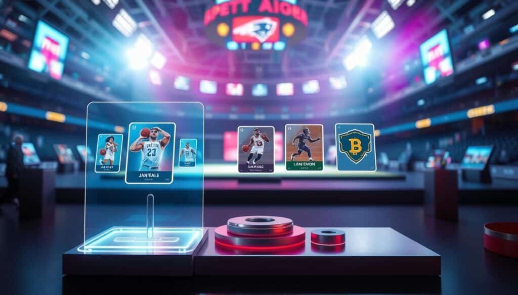 A vibrant digital scene showcasing sports collectibles as digital assets. In the foreground, a sleek, holographic display featuring various NFT sports tokens, like animated trading cards of famous athletes and team logos, glimmers with a futuristic glow. The middle ground includes a virtual gallery setting with minimalist design elements, such as metallic pedestals and interactive screens. In the background, soft-focus elements depict a stylized, digital sports arena with colorful lighting, projecting energy and excitement. The lighting is dynamic, with bright highlights and soft shadows, creating an immersive atmosphere. The overall mood feels innovative and engaging, inviting sports fans to explore the digital landscape of collectibles.