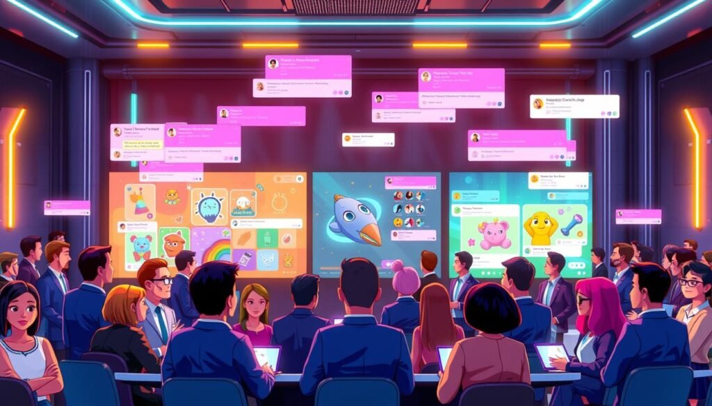 A vibrant digital space representing an NFT Discord community, featuring an animated virtual conference room filled with diverse avatars. In the foreground, a group of avatars representing various NFT enthusiasts are engaged in discussions, wearing a mix of professional business attire and casual clothing, showcasing their unique digital identities through custom designs. In the middle ground, colorful NFT artwork is displayed on large screens, highlighting various digital collectibles and themes, creating an energetic atmosphere. The background includes floating chat windows filled with lively conversations and emojis, set against a glowing futuristic backdrop with neon lights and graphics, evoking a sense of community and innovation. The lighting is bright and dynamic, simulating a lively online environment, capturing the excitement of the NFT phenomenon in 2026.