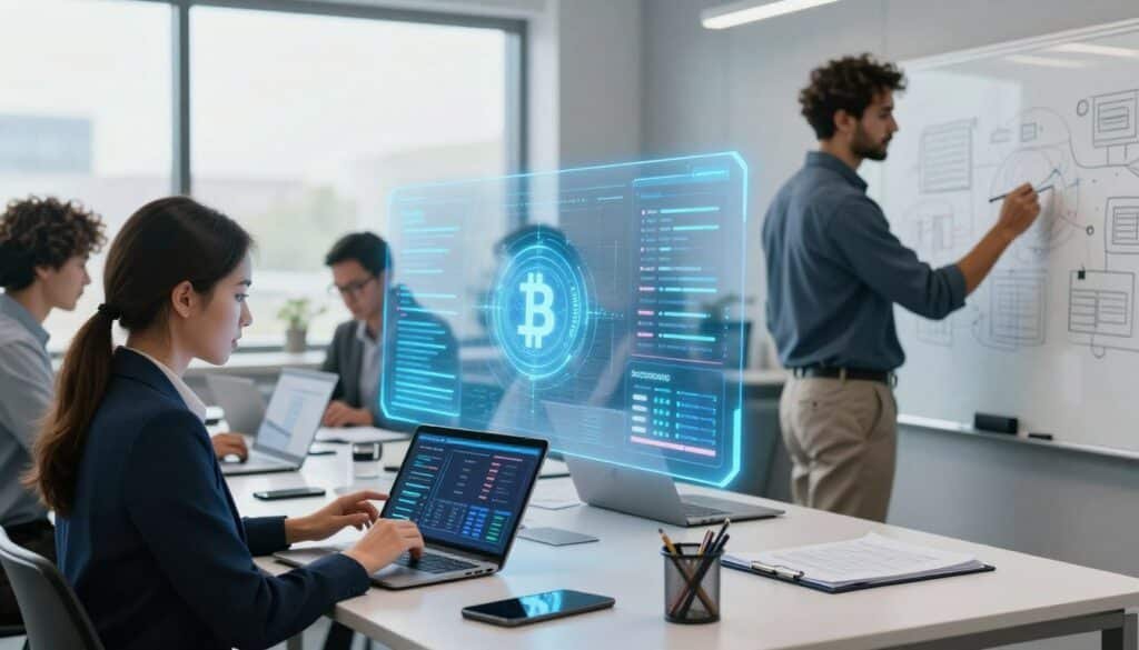 A vibrant digital workspace representing gig platforms in the gig economy, featuring a diverse group of professionals collaborating over laptops and digital devices. In the foreground, a young woman in professional business attire analyzes data on her tablet, while a man beside her sketches ideas on a digital whiteboard. In the middle ground, an array of holographic interfaces displays various cryptocurrencies and gig job listings, illuminating the scene with a soft blue glow. The background showcases a modern office space with large windows allowing natural light to filter in, enhancing the atmosphere of innovation and opportunity. The overall mood is energetic and optimistic, symbolizing the potential of crypto in transforming gig work.