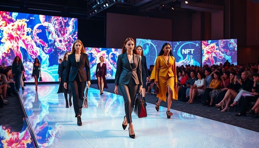 A vibrant fusion of high-fashion and digital art, showcasing an elegant runway presentation where models wear futuristic outfits complemented by NFT-inspired accessories. In the foreground, a diverse group of models, dressed in sophisticated, business-ready clothing, confidently walk the runway with digital screens displaying vibrant, animated NFT art in the background. The middle ground features a luxurious setting with shimmering lights reflecting on a sleek, modern runway. In the background, an audience captivated by the blend of tradition and innovation, surrounded by holographic displays that showcase digital fashion designs. The atmosphere is one of excitement and creativity, illuminated by soft, dramatic lighting that highlights the textures and colors of the clothing, suggesting a harmonious relationship between fashion and technology. The angle is slightly elevated, providing a dynamic view of the intersection between the two worlds.