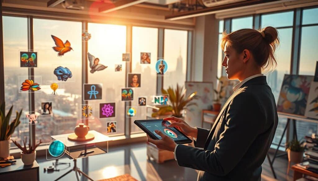 A vibrant, futuristic art studio bustling with creativity, showcasing an artist immersed in the world of NFTs and digital art. In the foreground, a focused artist, dressed in professional business attire, interacts with a digital tablet displaying colorful artworks symbolizing NFT concepts. The middle ground is filled with holographic displays of various digital art pieces, each unique and captivating, floating in the air, showcasing the diverse possibilities of NFTs. The background features large windows with a breathtaking city skyline, bathed in warm, golden light filtering through, creating an inspiring and innovative atmosphere. Soft shadows cast by the light enhance the depth of the scene, while a lens flare adds a dynamic touch, embodying the excitement and impact of NFTs on the art world.
