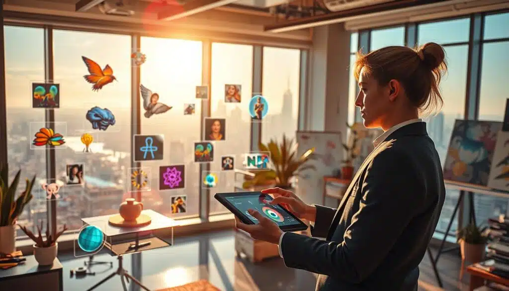 A vibrant, futuristic art studio bustling with creativity, showcasing an artist immersed in the world of NFTs and digital art. In the foreground, a focused artist, dressed in professional business attire, interacts with a digital tablet displaying colorful artworks symbolizing NFT concepts. The middle ground is filled with holographic displays of various digital art pieces, each unique and captivating, floating in the air, showcasing the diverse possibilities of NFTs. The background features large windows with a breathtaking city skyline, bathed in warm, golden light filtering through, creating an inspiring and innovative atmosphere. Soft shadows cast by the light enhance the depth of the scene, while a lens flare adds a dynamic touch, embodying the excitement and impact of NFTs on the art world.