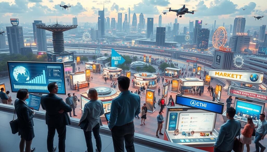 A vibrant, futuristic landscape depicting a diverse array of decentralized AI projects. In the foreground, a group of professionals in business attire engage in animated discussions around holographic displays showcasing project metrics and data visualizations. The middle layer features a bustling market square with kiosks displaying various AI applications and decentralized technology, surrounded by interactive screens. In the background, a skyline filled with modern architecture represents innovation, with drones and digital signage illuminating the scene. The atmosphere is dynamic and optimistic, with bright, inviting lighting that highlights the integration of technology in everyday life. Shot with a wide-angle lens to capture the depth and energy of the environment. A vibrant, futuristic landscape depicting a diverse array of decentralized AI projects. In the foreground, a group of professionals in business attire engage in animated discussions around holographic displays showcasing project metrics and data visualizations. The middle layer features a bustling market square with kiosks displaying various AI applications and decentralized technology, surrounded by interactive screens. In the background, a skyline filled with modern architecture represents innovation, with drones and digital signage illuminating the scene. The atmosphere is dynamic and optimistic, with bright, inviting lighting that highlights the integration of technology in everyday life. Shot with a wide-angle lens to capture the depth and energy of the environment.