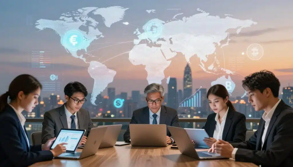 A vibrant global remittance market overview, showcasing interconnected financial networks against a backdrop of a digital world map. In the foreground, diverse professionals in smart business attire analyze data on tablets and laptops, symbolizing active engagement in the remittance market. The middle layer features graphs and charts illustrating trends, currency symbols, and arrows depicting flow, enhancing the concept of movement and growth in remittances. The background displays a soft-focus city skyline during twilight, with digital elements like blockchain symbols and cryptocurrencies subtly integrated into the scene. The lighting is warm and inviting, casting a hopeful atmosphere. The shot is taken from an angled perspective that emphasizes collaboration and innovation in the remittance space.