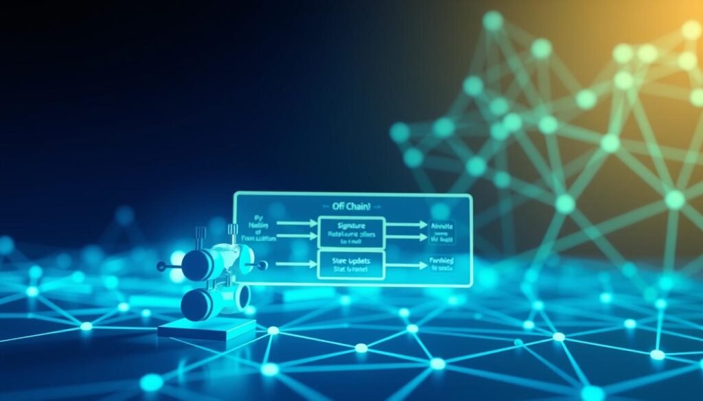 A vibrant illustration depicting the mechanics of state channels in blockchain technology. In the foreground, a detailed digital representation of two interconnected nodes symbolizing participants in a state channel, with arrows indicating transaction flows. In the middle ground, a diagram-like layout highlighting key components such as off-chain transactions, signatures, and state updates, rendered in a sleek, modern design. The background features a stylized blockchain network, with abstract lines and nodes creating a sense of depth and complexity. Soft blue and green color tones dominate, conveying a sense of innovation and clarity. The lighting is bright and dynamic, emphasizing the details of the nodes and transactions, captured from a slightly angled perspective to enhance depth. The overall atmosphere is professional and futuristic, ideal for understanding advanced blockchain mechanics.