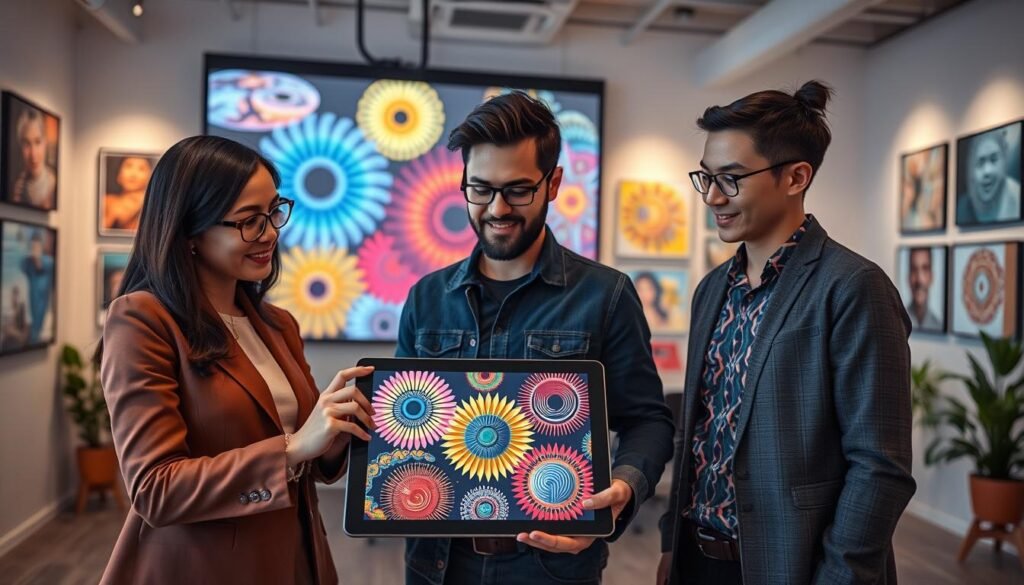A vibrant, introspective scene that captures the essence of NFT art foundations. In the foreground, a diverse group of three professionals—a woman in smart business attire, a man in a casual yet polished outfit, and a non-binary individual with a stylish look—are engaged in a lively discussion over a digital tablet displaying colorful NFT artworks. In the middle ground, a large projection screen showcases iconic NFT pieces, with dynamic patterns and intricate details. The background features a modern office space with digital art pieces adorning the walls and soft, ambient lighting creating a warm atmosphere. The overall mood is collaborative and innovative, reflecting the emerging world of digital art and its future potential. The angle is slightly elevated, providing a clear view of both the creators and the captivating artworks. A vibrant, introspective scene that captures the essence of NFT art foundations. In the foreground, a diverse group of three professionals—a woman in smart business attire, a man in a casual yet polished outfit, and a non-binary individual with a stylish look—are engaged in a lively discussion over a digital tablet displaying colorful NFT artworks. In the middle ground, a large projection screen showcases iconic NFT pieces, with dynamic patterns and intricate details. The background features a modern office space with digital art pieces adorning the walls and soft, ambient lighting creating a warm atmosphere. The overall mood is collaborative and innovative, reflecting the emerging world of digital art and its future potential. The angle is slightly elevated, providing a clear view of both the creators and the captivating artworks.