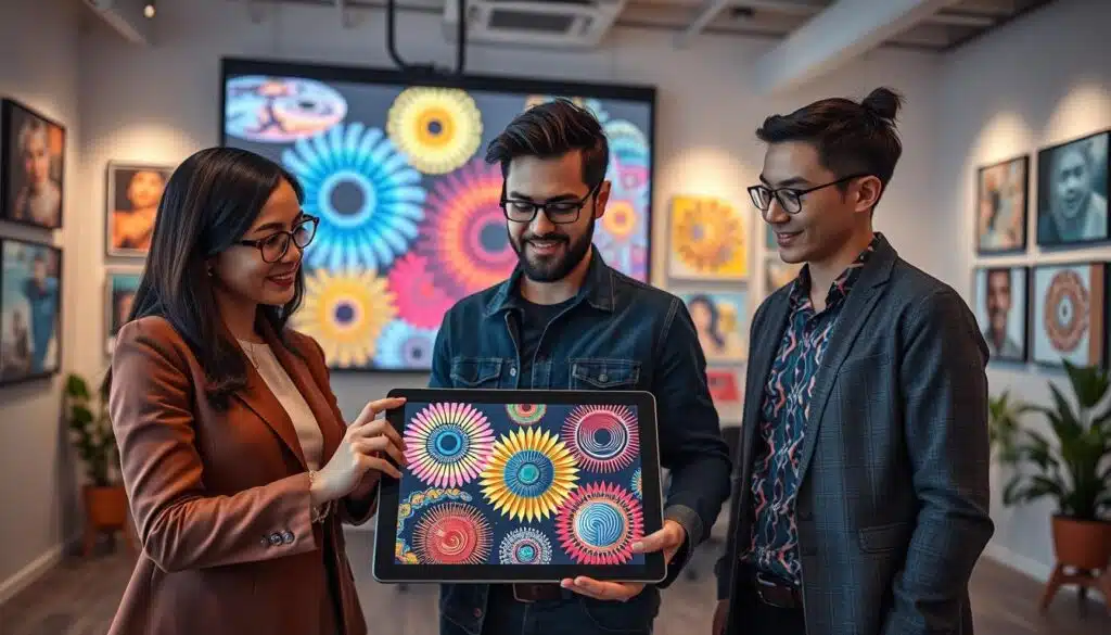 A vibrant, introspective scene that captures the essence of NFT art foundations. In the foreground, a diverse group of three professionals—a woman in smart business attire, a man in a casual yet polished outfit, and a non-binary individual with a stylish look—are engaged in a lively discussion over a digital tablet displaying colorful NFT artworks. In the middle ground, a large projection screen showcases iconic NFT pieces, with dynamic patterns and intricate details. The background features a modern office space with digital art pieces adorning the walls and soft, ambient lighting creating a warm atmosphere. The overall mood is collaborative and innovative, reflecting the emerging world of digital art and its future potential. The angle is slightly elevated, providing a clear view of both the creators and the captivating artworks.