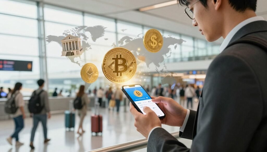 A vibrant, modern scene depicting the concept of cryptocurrency bypassing traditional banking for international travel. In the foreground, a professional traveler dressed in business attire, using a smartphone displaying a cryptocurrency wallet app, showcasing a digital coin emerging from the screen. In the middle ground, an abstract representation of digital currencies like Bitcoin and Ethereum, visually intertwined with symbols of traditional banking, such as a classic bank building and a dollar sign, subtly fading away. The background features a bustling airport terminal with diverse travelers, capturing a sense of adventure and freedom. Bright, natural lighting cascades through large windows, creating an optimistic and engaging atmosphere. The angle should focus on the traveler, with a slight depth of field emphasizing the digital elements, seamlessly merging modern finance with global travel.