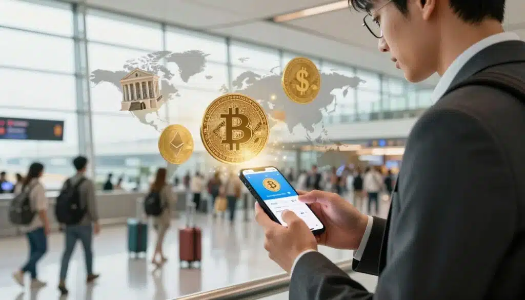 A vibrant, modern scene depicting the concept of cryptocurrency bypassing traditional banking for international travel. In the foreground, a professional traveler dressed in business attire, using a smartphone displaying a cryptocurrency wallet app, showcasing a digital coin emerging from the screen. In the middle ground, an abstract representation of digital currencies like Bitcoin and Ethereum, visually intertwined with symbols of traditional banking, such as a classic bank building and a dollar sign, subtly fading away. The background features a bustling airport terminal with diverse travelers, capturing a sense of adventure and freedom. Bright, natural lighting cascades through large windows, creating an optimistic and engaging atmosphere. The angle should focus on the traveler, with a slight depth of field emphasizing the digital elements, seamlessly merging modern finance with global travel.