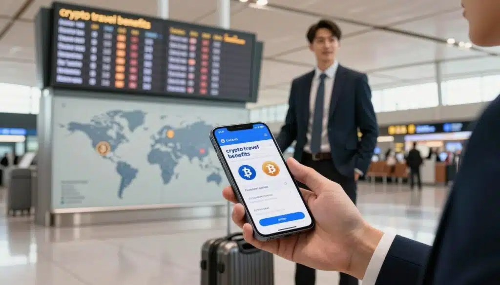 A vibrant scene illustrating the concept of "crypto travel benefits," featuring a professional traveler in business attire standing confidently in an airport terminal. In the foreground, the traveler holds a smartphone displaying cryptocurrency wallet details. The middle ground includes sleek luggage and a world map featuring digital currency symbols like Bitcoin and Ethereum. The background showcases an airport departure board with flight schedules, bathed in soft, warm lighting to evoke a sense of adventure and excitement. The atmosphere is dynamic yet organized, with an emphasis on modern technology and financial freedom associated with crypto while traveling. The angle is slightly elevated, giving a panoramic view of the bustling terminal, inviting the viewer to explore the limitless possibilities of crypto in travel.