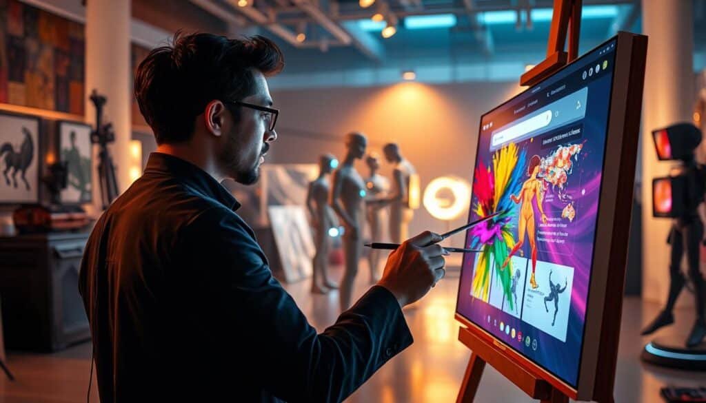 A vibrant scene showcasing the intersection of art, technology, and philanthropy. In the foreground, an artist in professional attire is painting a digital canvas, vivid colors splashing onto the screen, representing creativity and innovation. The middle ground features futuristic sculptures and high-tech gadgets, symbolizing the blend of traditional art with modern technology. The background depicts a digital auction platform interface, bathed in soft, ambient lighting, conveying a sense of community and charity. The overall mood is inspiring and hopeful, with a warm color palette that invites engagement. A dynamic perspective shot captures the essence of collaboration and impact, emphasizing the importance of NFT charity auctions for artists. A vibrant scene showcasing the intersection of art, technology, and philanthropy. In the foreground, an artist in professional attire is painting a digital canvas, vivid colors splashing onto the screen, representing creativity and innovation. The middle ground features futuristic sculptures and high-tech gadgets, symbolizing the blend of traditional art with modern technology. The background depicts a digital auction platform interface, bathed in soft, ambient lighting, conveying a sense of community and charity. The overall mood is inspiring and hopeful, with a warm color palette that invites engagement. A dynamic perspective shot captures the essence of collaboration and impact, emphasizing the importance of NFT charity auctions for artists.