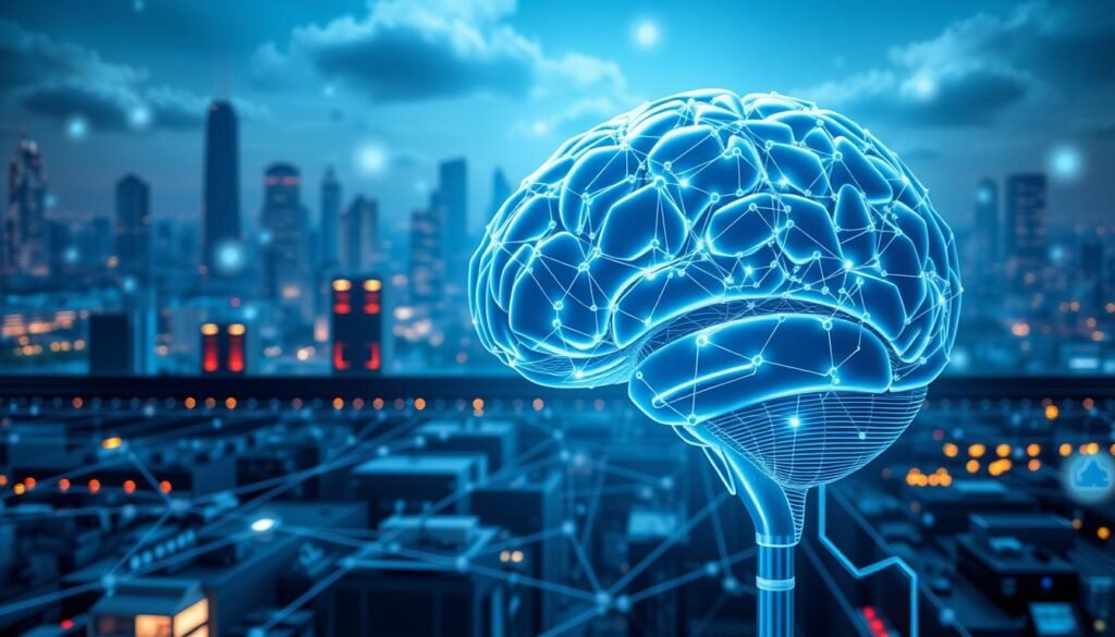 A visual representation of the evolution of AI models, showcasing the transition from centralized systems to decentralized architectures. In the foreground, depict a sleek, futuristic AI brain composed of interconnected nodes symbolizing decentralized networks. In the middle ground, illustrate various historical AI models, transitioning from traditional servers to blockchain nodes, connected by glowing lines of data flow. In the background, create a digital cityscape with cloud computing and blockchain elements seamlessly integrated. Use dramatic lighting to highlight the AI brain and nodes, casting soft shadows for depth. Capture the atmosphere of innovation and technological advancement, with a cool color palette of blues and silver, evoking a sense of progress and future possibilities.