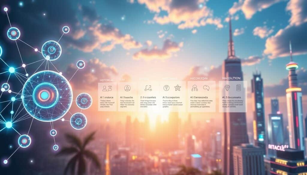 A visually captivating depiction of the evolution of blockchain oracles. In the foreground, a series of interconnected digital orbs symbolize various AI oracle networks, glowing with pulsating neon lights. In the middle, a timeline with historical milestones is illustrated through sleek, futuristic panels showcasing the transition from traditional data sources to advanced AI-driven oracles, featuring key innovations like smart contracts and decentralized applications. The background is a dynamic cityscape depicting a blend of technology and nature, with digital elements seamlessly integrated into a vibrant environment. Soft, ethereal lighting casts a sense of optimism and progress, enhancing the atmosphere of innovation and advancement. The image should be shot from a low angle to emphasize the towering structures of progress, creating an inspiring and engaging mood.