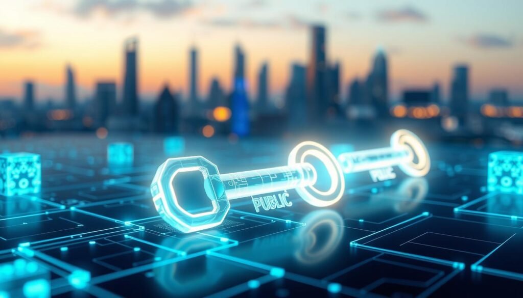 A visually captivating digital illustration depicting the concept of blockchain technology and cryptography. In the foreground, a glowing 3D representation of a blockchain network with interconnected blocks, showcasing intricate patterns and circuitry. The middle ground features stylized representations of public and private keys, elegantly intertwined, glowing with a soft blue light. In the background, a futuristic city skyline is slightly blurred, symbolizing the digital realm. The scene is illuminated with a cool, ambient glow, highlighting the blocks and keys, while maintaining a sleek, high-tech atmosphere. The overall mood is innovative and secure, conveying the essence of safe transactions through advanced cryptography.