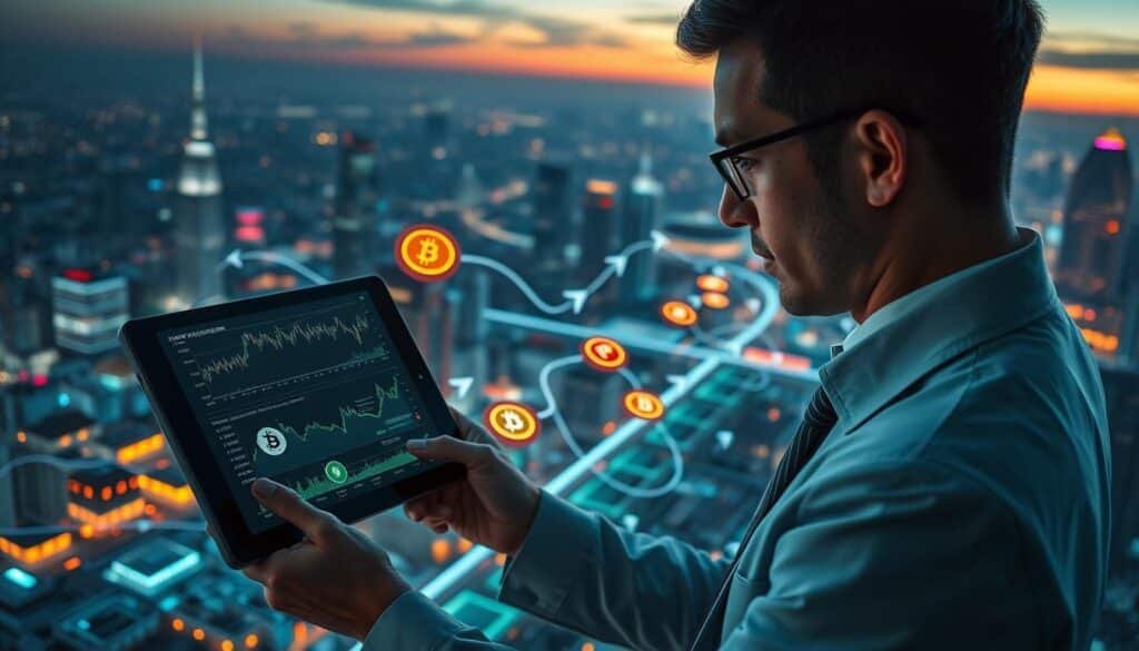 A visually captivating representation of "altcoin rotation fundamentals." In the foreground, a professional-looking individual in business attire is analyzing a digital tablet displaying fluctuating cryptocurrency graphs and altcoin logos. In the middle, a dynamic flow of arrows illustrating the rotation of various altcoins, each symbolizing different market trends, is set against a backdrop of an abstract digital landscape filled with glowing circuit patterns. The background features a vibrant city skyline at dusk, signifying technological advancement and innovation. Soft, moody lighting highlights the figures and symbols, creating a sense of excitement and urgency. A high-angle view captures the scene, emphasizing the interconnectedness of the cryptocurrency market. The overall atmosphere conveys a blend of professionalism and cutting-edge technology.