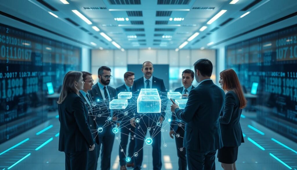A visually captivating representation of blockchain fundamentals, featuring a centralized network of interconnected blocks, each glowing softly to symbolize data transactions. In the foreground, diverse professionals in business attire are gathered around a transparent, holographic display, analyzing blockchain diagrams and data streams. The middle is populated with digital elements such as binary codes and cryptographic symbols, blending seamlessly into the background of a sleek, modern office environment filled with advanced technology. Soft blue and green lighting creates a futuristic atmosphere, while the camera angle is slightly elevated, emphasizing the collaboration and knowledge sharing among the team. The overall mood is one of innovation and enlightenment, highlighting the crucial role of blockchain in modern infrastructure.