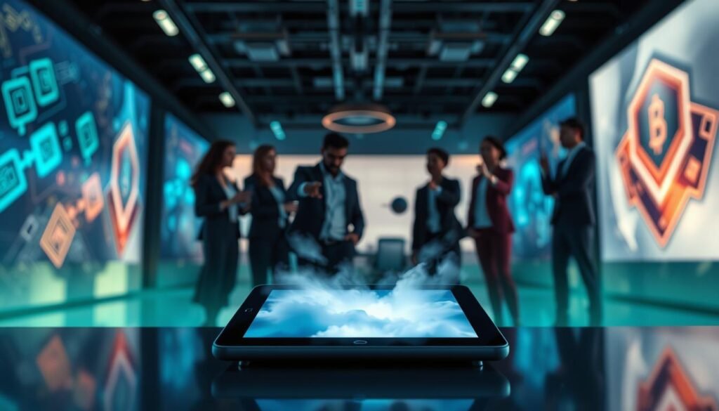 A visually captivating scene illustrating the concept of NFT reveal mechanics. In the foreground, a sleek digital tablet displays a mysterious, partially obscured NFT artwork, hinting at its forthcoming reveal, with a subtle glow emanating from the screen. The middle layer features a blurred silhouette of a diverse group of professionals in modern business attire, eagerly discussing and pointing towards the tablet, embodying anticipation and innovation. In the background, a futuristic office space with ambient blue and green lighting, large digital screens showcasing blockchain graphics, and abstract art pieces that represent digital collectibles, creating a tech-savvy atmosphere. The overall mood is one of excitement and curiosity, highlighting the transition from obscured to revealed in the NFT space.