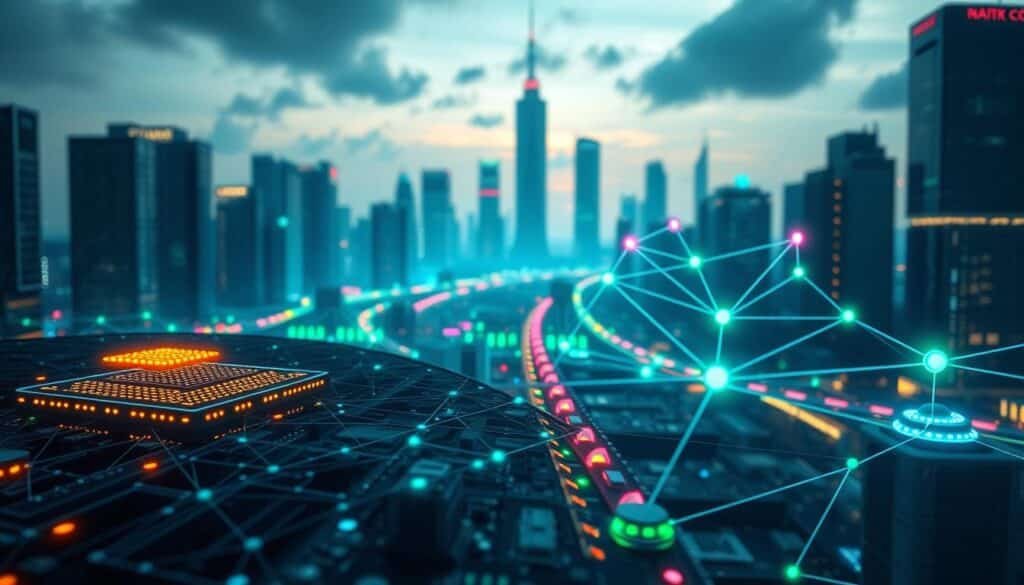 A visually compelling depiction of the evolution of blockchain technology, set against a futuristic cityscape background that transitions from past to present. In the foreground, a glowing digital ledger and interconnected nodes symbolize the foundational technology, while historical elements like early computing devices appear subtly integrated. The middle ground features sleek sidechains branching out with vibrant colors, representing recent advancements and scalability solutions. Soft blue and green lighting highlights the technological atmosphere, casting dynamic shadows for depth. The overall mood is hopeful and innovative, inviting viewers to explore the future of decentralized systems. The perspective is slightly elevated, giving a panoramic view of this transformative journey in blockchain, emphasizing connectivity and progress without any text, logos, or watermarks.