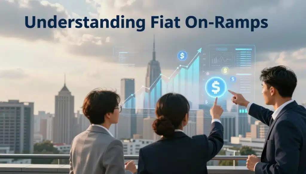 A visually dynamic representation of a modern financial landscape illustrating "Understanding Fiat On-Ramps." In the foreground, a diverse group of three professionals in business attire, engaged in a discussion, pointing at a digital display showing fiat currency symbols merging with cryptocurrency icons. The middle layer features stylized graphs and data charts floating above a city skyline, symbolizing market growth. The background showcases an urban environment with cloudy skies subtly illuminated by warm sunlight, creating a hopeful atmosphere. Use a wide-angle view to capture the depth of the scene, and employ soft focus on the background to highlight the professionals and their interaction. The overall mood conveys innovation and collaboration in the evolving world of finance.