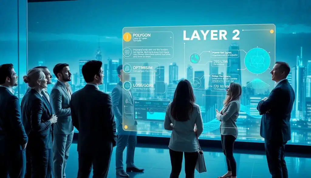 A visually engaging and informative scene depicting Layer 2 blockchain solutions. In the foreground, a diverse group of professionals in business attire is engaged in a thoughtful discussion around a holographic display showcasing various Layer 2 networks like Polygon and Optimism. In the middle ground, sleek digital interfaces with flowing data streams illustrate improved transaction speeds and lower fees. The background features a futuristic city skyline, symbolizing the digital landscape's evolution. Use cool blue and green tones to convey a tech-forward vibe, with ambient lighting casting soft illumination across the scene. A wide-angle view captures the collaborative atmosphere and demonstrates the importance of Layer 2 solutions in scaling blockchain technology.